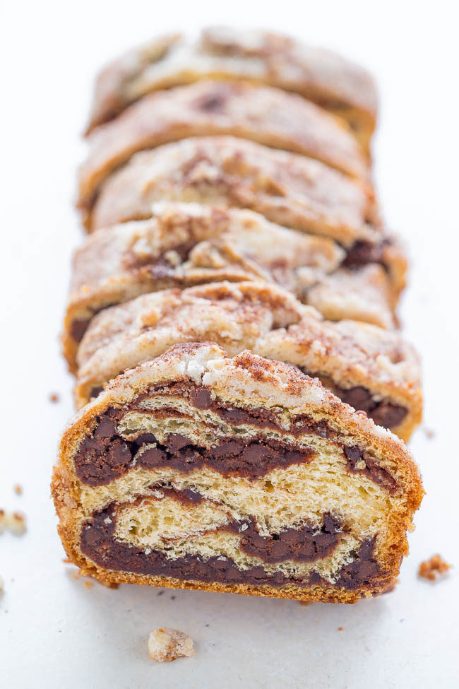 Chocolate Rollup Bread - Like a cake roll but in bread form!! Stuffed with CHOCOLATE, topped with STREUSEL, and uses a timesaving shortcut! You're going to love this EASY no-mixer bread!!