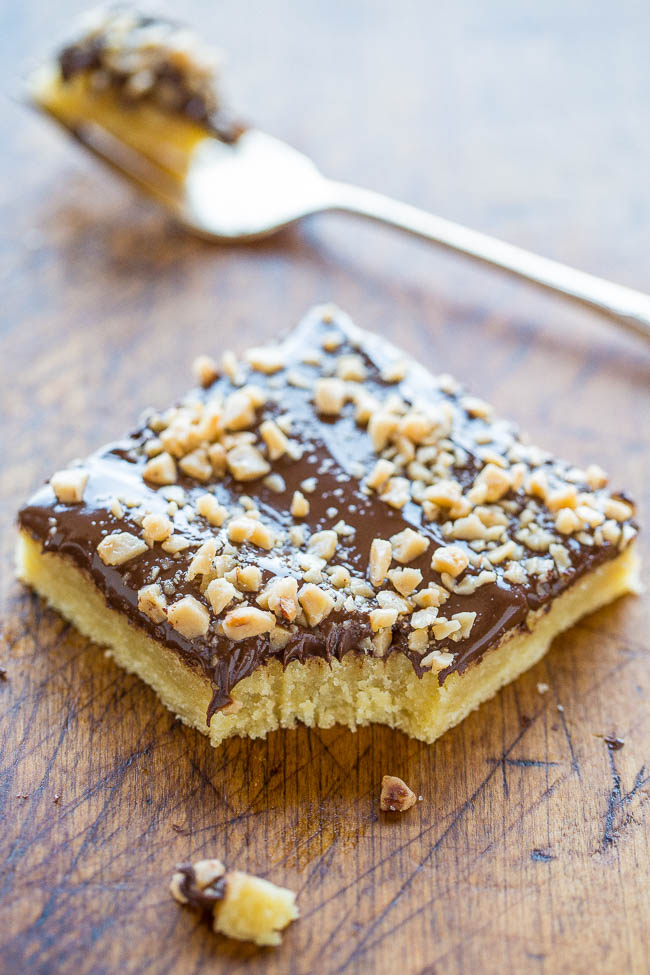 Chocolate Toffee Bars — An ultra BUTTERY base made with almond extract and topped with CHOCOLATE and TOFFEE BITS!! An easy dessert that's ready in 15 minutes but tastes like you slaved over it!!