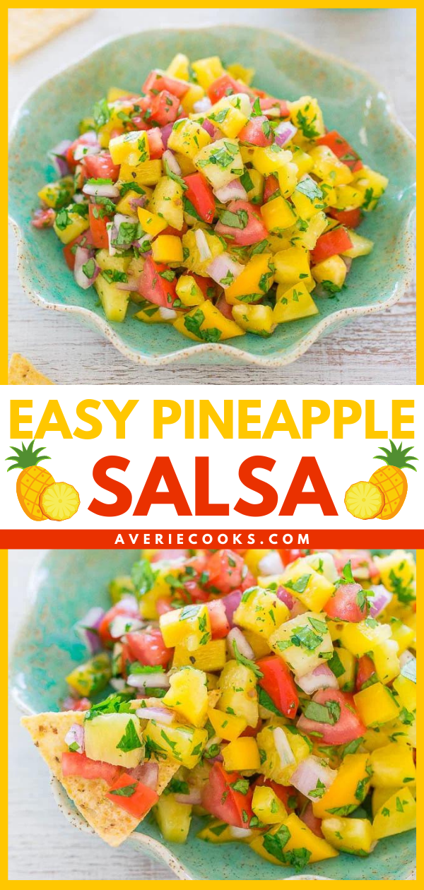 Easy Pineapple Salsa — This pineapple salsa recipe is made with frozen pineapple chunks, bell peppers, Roma tomatoes, red onion, cilantro, and lime juice. It's so quick to make and pairs well with grilled chicken, tacos, fish, and more!
