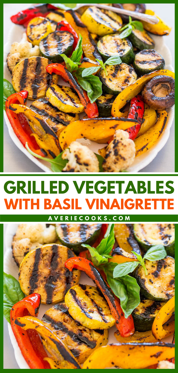 Grilled Vegetables with Basil Vinaigrette - Grilling gives these simply prepared vegetables the perfect amount of SMOKY flavor!! The basil vinaigrette is LOADED with layers of flavor and ready in 1 minute! Healthy, fast, EASY, minimal cleanup = the PERFECT recipe!