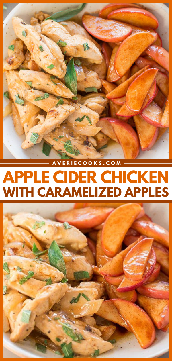 Apple Cider Chicken with Caramelized Apples — The flavors of FALL in an EASY dish ready in 30 MINUTES!! Chicken simmered in apple cider and Dijon is so rich-tasting along with juicy, caramely apples!!