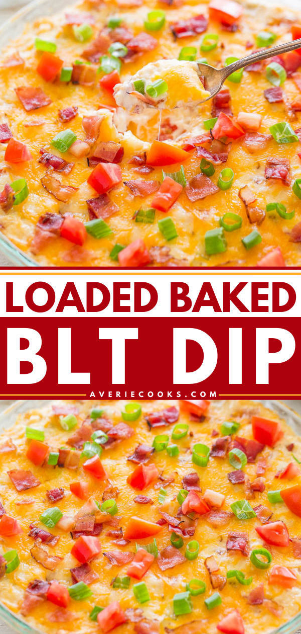 BLT Dip — This cheesy BLT dip is loaded with two types of cheese, bacon, fresh tomatoes, and more! It's perfect for holiday parties and tailgating and is SO easy to make! 