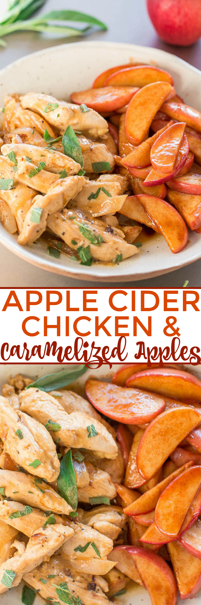 Apple Cider Chicken with Caramelized Apples - The flavors of FALL in an EASY dish ready in 30 MINUTES!! Chicken simmered in apple cider and Dijon is so rich-tasting along with juicy, caramely apples!!