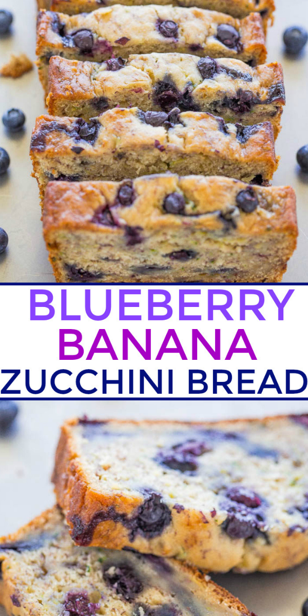Blueberry Banana Zucchini Bread — This is an easy zucchini bread recipe that's packed with bananas and juicy blueberries. I guarantee this will be your new favorite quick bread! 