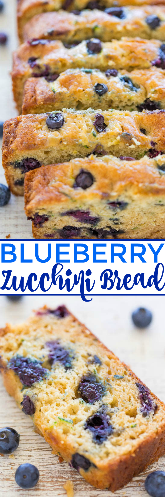 Blueberry Zucchini Bread — This blueberry zucchini bread is a quick, no-mixer recipe that's sweet, but not too sweet. Each bite is bursting with fresh blueberries!