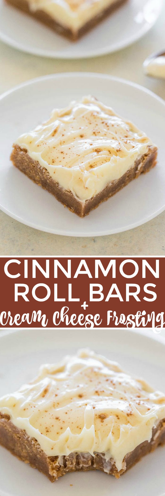 Cinnamon Roll Bars with Cream Cheese Frosting - All the flavor of cinnamon rolls, minus the work!! EASY, bold cinnamon flavor, super soft, chewy, and the FROSTING truly is the icing on the cake!!