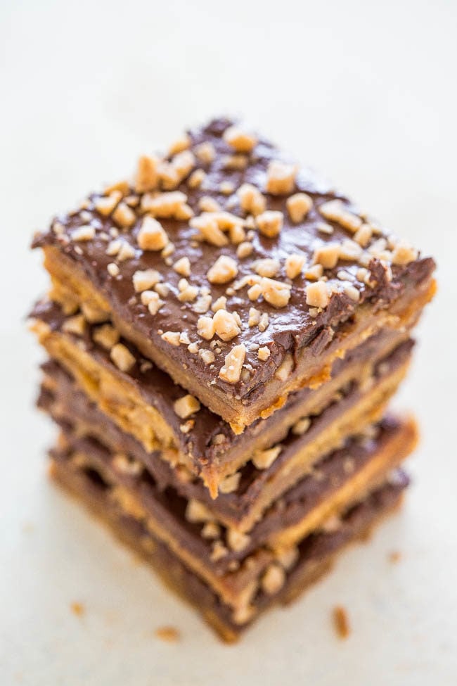 Graham Cracker Toffee (aka Graham Cracker CRACK) - Sweet, buttery, caramely, perfectly chocolaty, topped with toffee bits for extra crunch!! Lives up to its name and extremely ADDICTIVE!! An EASY holiday and party FAVORITE!!
