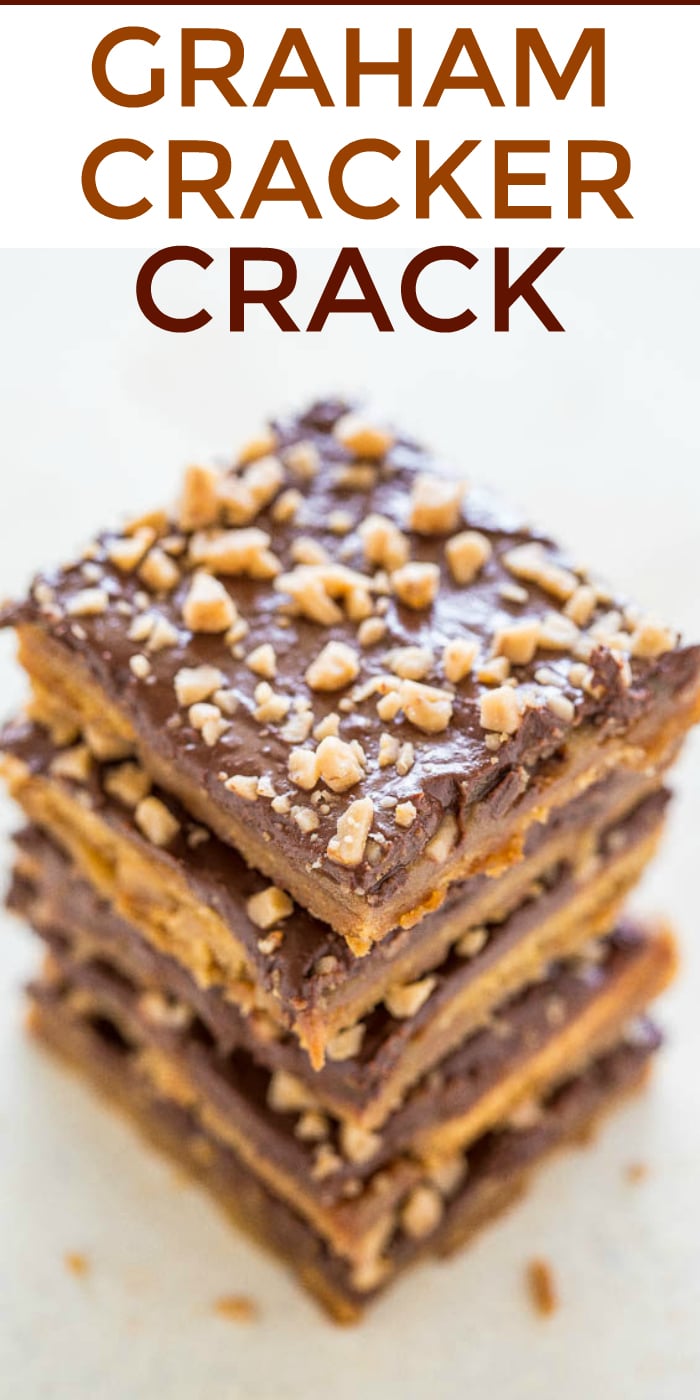 Graham Cracker Toffee (aka Graham Cracker CRACK) - Sweet, buttery, caramely, perfectly chocolaty, topped with toffee bits for extra crunch!! Lives up to its name and extremely ADDICTIVE!! An EASY holiday and party FAVORITE!!