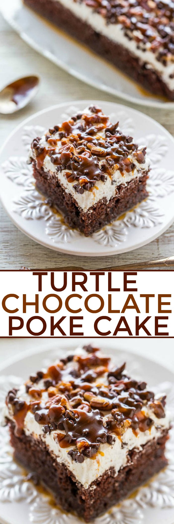 Chocolate Turtle Cake - The flavor of the famous candy in a decadent chocolate cake with tons of CARAMEL and pecans!! Easy, super soft and moist, and a crowd FAVORITE! One of the BEST CAKES ever!!