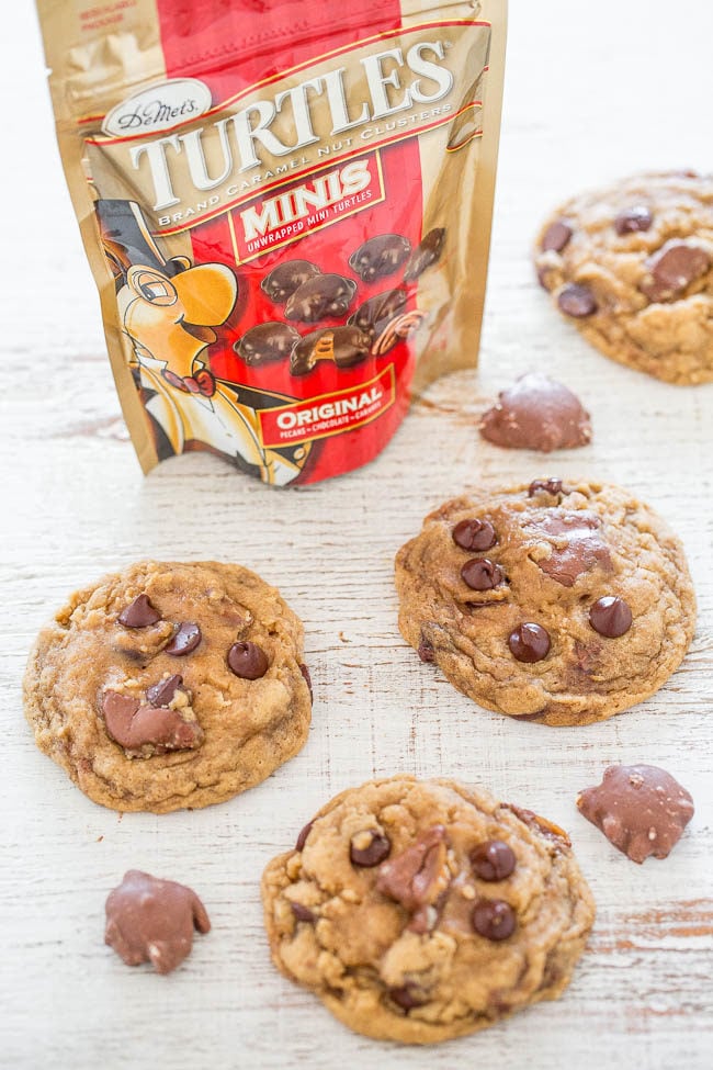 TURTLES® Chocolate Chip Cookies - The BEST chocolate chip cookies stuffed with TURTLES candies!! Soft, chewy, and buttery with caramel and chocolate! They'll be your new FAVORITE chocolate chip cookies!!