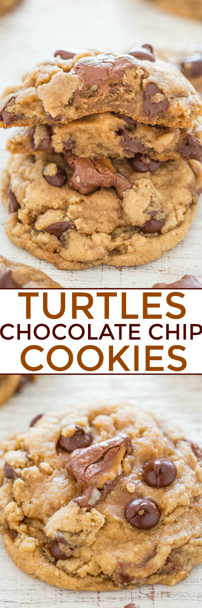 TURTLES® Chocolate Chip Cookies - The BEST chocolate chip cookies stuffed with TURTLES candies!! Soft, chewy, and buttery with caramel and chocolate! They'll be your new FAVORITE chocolate chip cookies!!