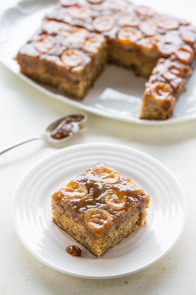 Upside-Down Banana Bread Cake - Don't settle for making another loaf of plain banana bread when you can have caramelized banana slices on top of soft banana cake!! A decadent spin on banana bread! The BEST use for your ripe bananas!!