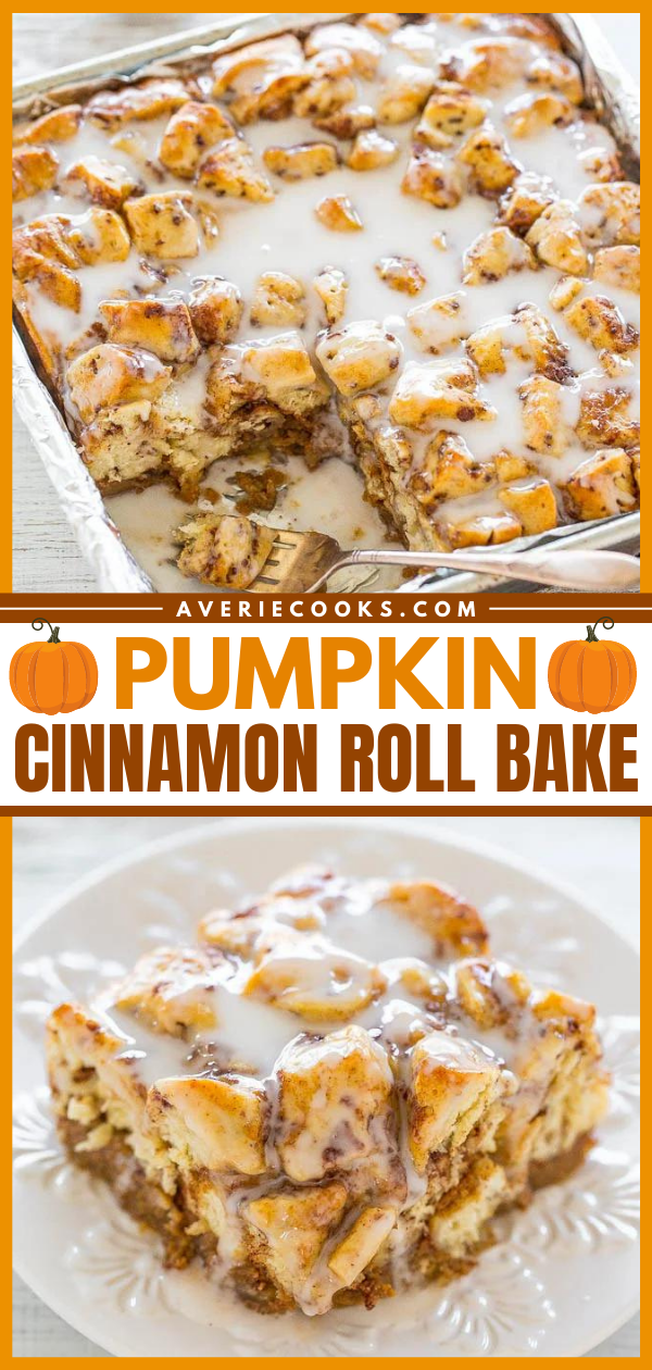 Pumpkin Cinnamon Roll Bake — Every bite tastes like the super SOFT, gooey CENTER of a cinnamon roll!! Spiked with pumpkin and flooded with icing, this EASY recipe is an automatic WINNER!!