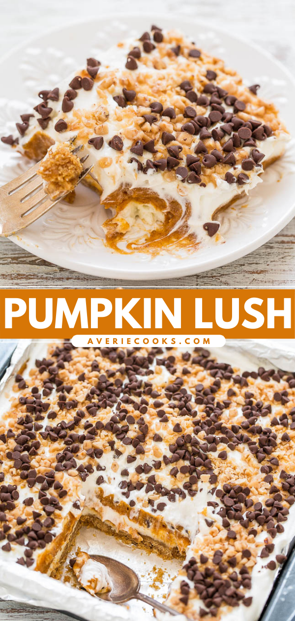 Pumpkin Lush — An EASY layered dessert with a graham cracker crust, cream cheese, pudding, PUMPKIN, whipped topping, chocolate chips, and toffee bits!! A little bit of CRUNCH with lots of fluffy CREAMINESS!!