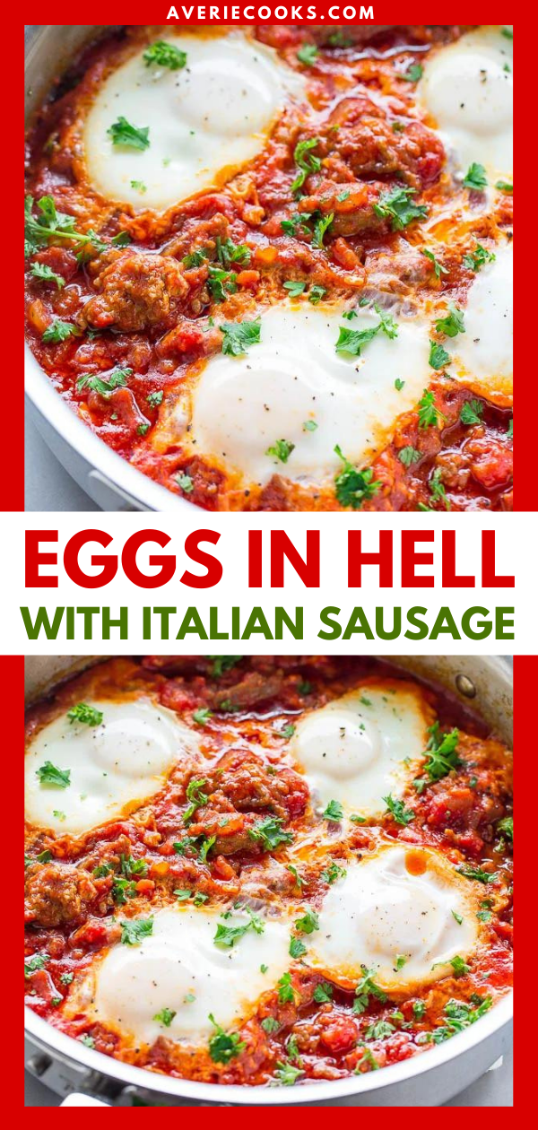 Shakshuka with Italian Sausage — Shakshuka (aka Eggs in Hell) is an easy dish made of eggs poached in a spicy tomato sauce. It's so simple to make and can be prepped for breakfast, brunch, or dinner! 