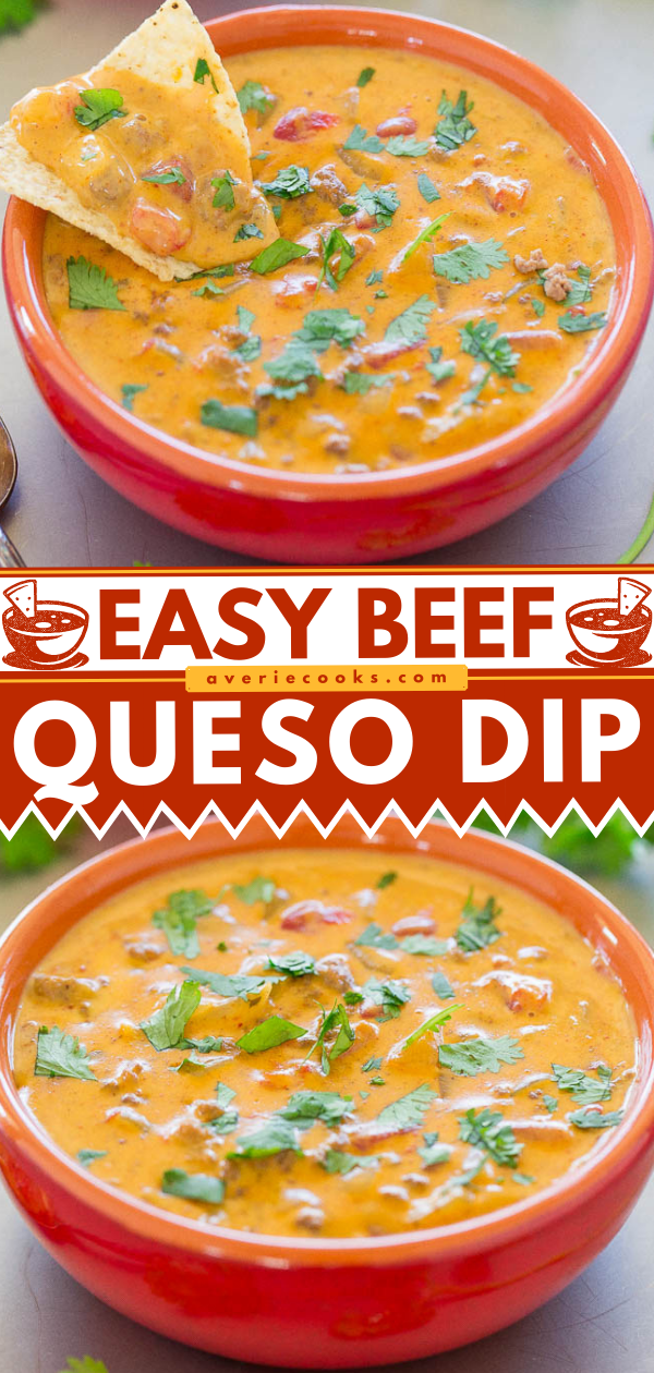 Beef Queso Dip — Caramelized onions, ground beef, taco seasoning, and CHEESE in this EASY queso dip everyone loves!! Great for game days, PARTIES, holidays, and events!!