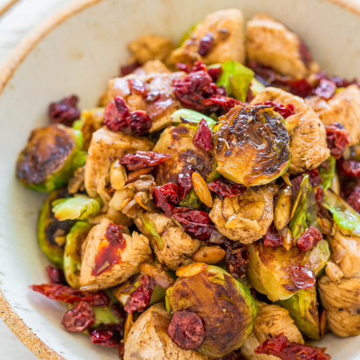 Balsamic Chicken, Brussels Sprouts, Cranberries and Pumpkin Seeds
