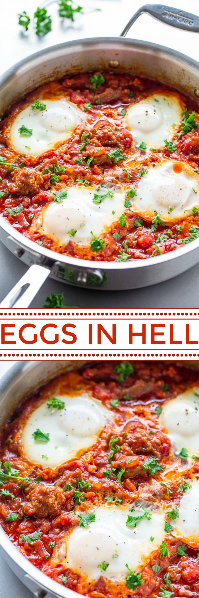 Eggs In Hell with Italian Sausage - Sometimes called Eggs in Purgatory or shakshuka, this easy dish includes eggs poached in tomatoes with sausage and garlic for tons of FLAVOR!! Perfect for breakfast, brunch, or breakfast-for-dinner!!
