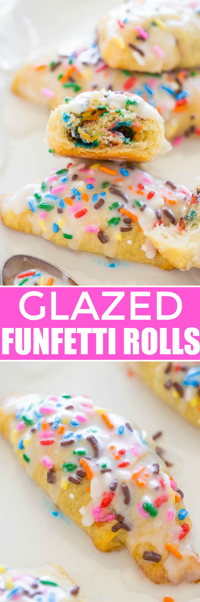 Glazed Funfetti Rolls - Jazz up a tube of crescent rolls with this EASY treat that's ready in 15 minutes!! Soft, buttery, loaded with SPRINKLES and glazed to sweet perfection!!