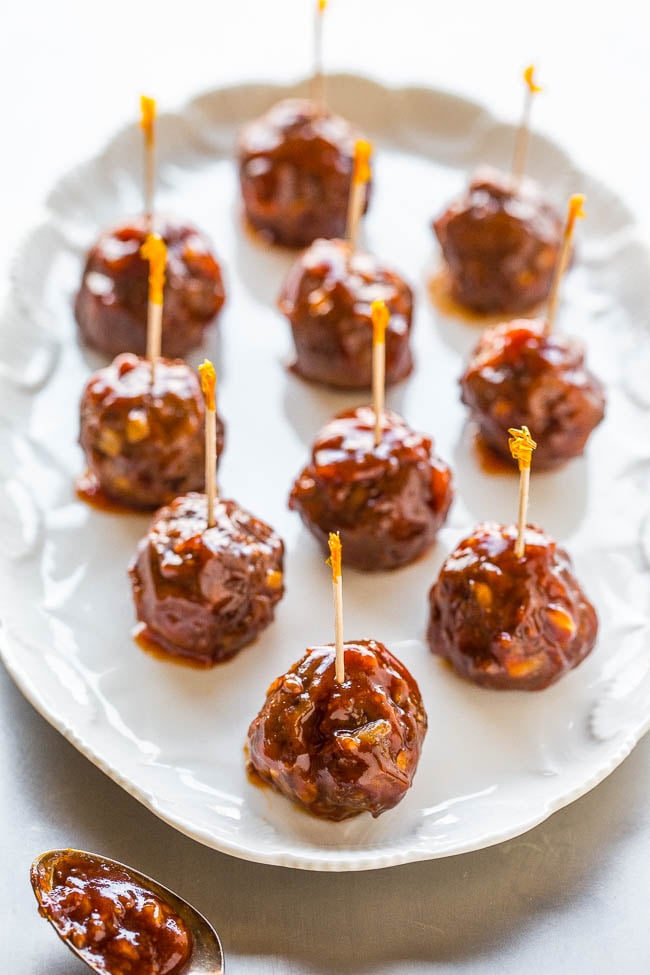 Baked Honey Garlic Meatballs — These honey garlic meatballs are easy, can be prepped in advance, and hold well at room temp. They’re juicy, tender, and the honey garlic sauce gives them so much flavor! 