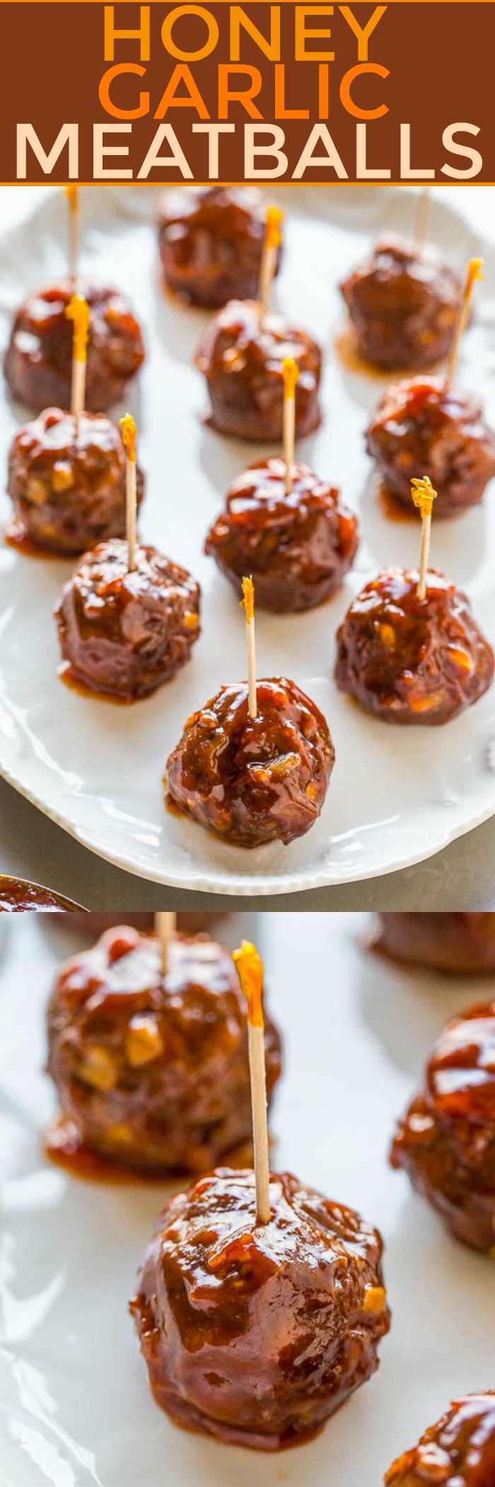 Honey Garlic Meatballs - Juicy, tender, and the honey garlic sauce adds so much FLAVOR!! Perfect for parties, holidays, game days, and more! Everyone LOVES these EASY meatballs!!