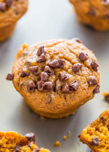 Chocolate chip pumpkin muffins on a tray.