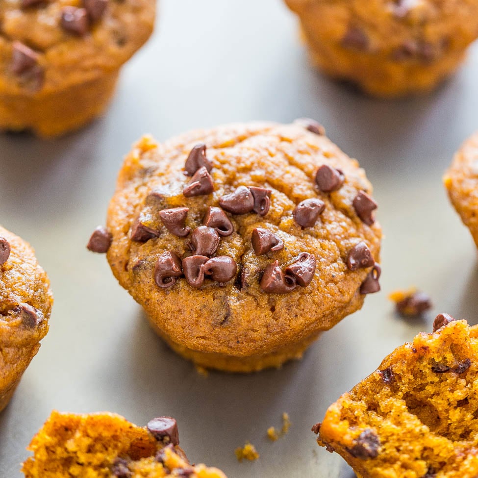 Chocolate chip pumpkin muffins on a tray.