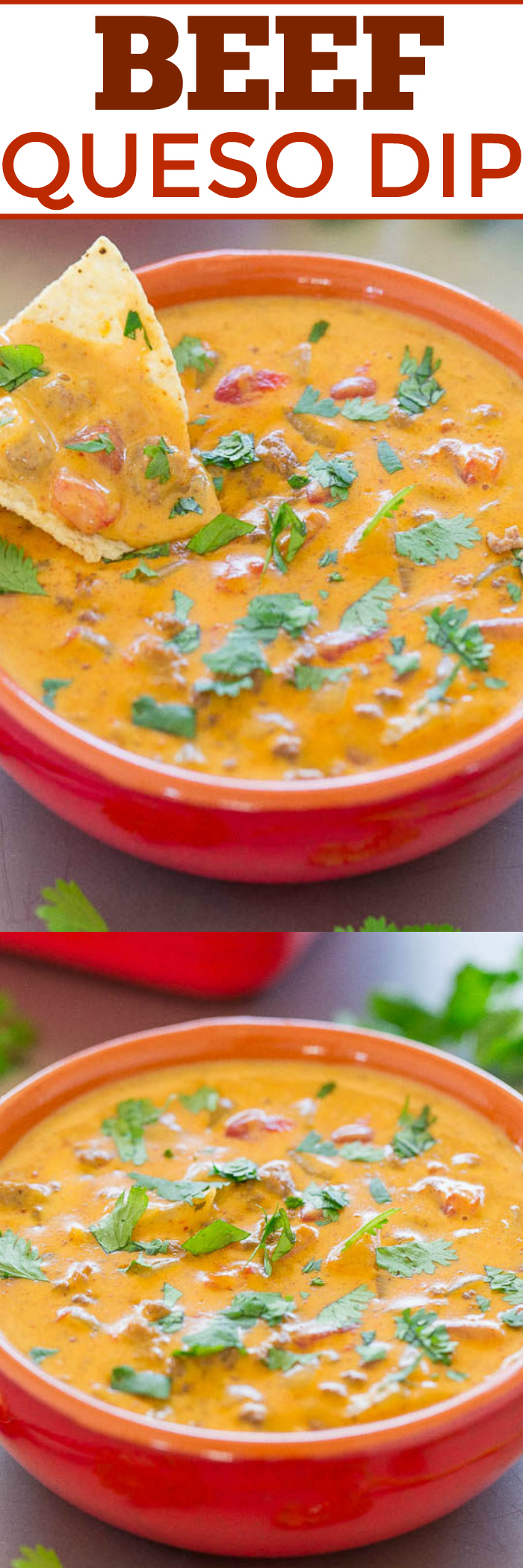 Beef Queso Dip - Caramelized onions, ground beef, taco seasoning, and CHEESE in this FAST and EASY dip everyone loves!! Great for game days, PARTIES, holidays, and events!!