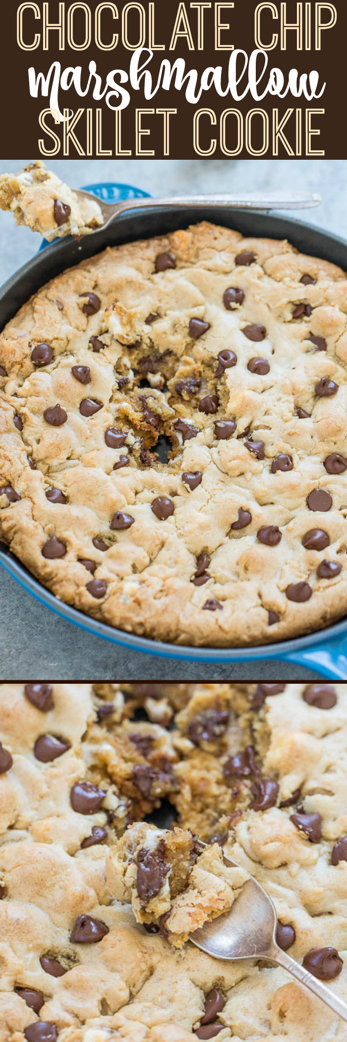 Chocolate Chip Marshmallow Skillet Cookie - Bigger is BETTER when it comes to cookies!! Soft center, chewy edges, loaded with gooey marshmallows and CHOCOLATE! Easy, no mixer recipe you must try!!