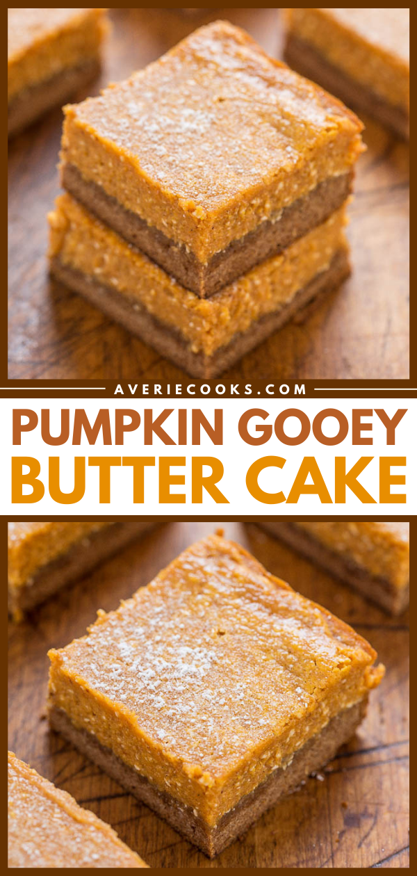 Pumpkin Gooey Butter Cake — Like a gooier, richer version of pumpkin pie with a spice cake crust!! Butter + cream cheese = lives up to its GOOEY name! Make it for Thanksgiving instead of pumpkin pie!!