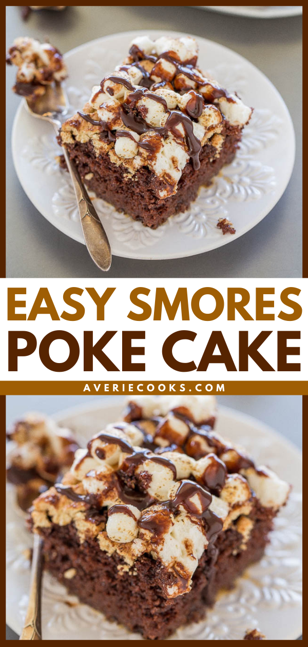 S'mores Cake — Chocolate cake gets poked all over and soaked in a marshmallow creme mixture before being topped with crushed graham crackers, toasted marshmallows, and hot fudge sauce. 
