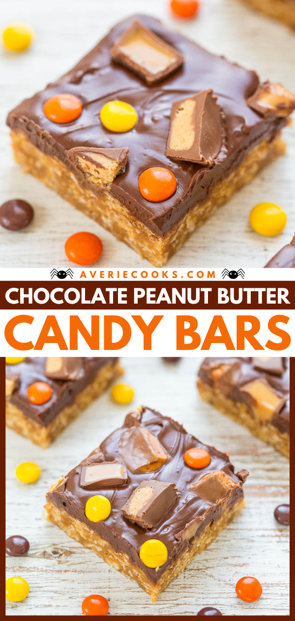 Chocolate Peanut Butter Candy Bars — These peanut butter candy bars are no-bake, easy, loaded with bold peanut butter flavor, and plenty of chocolate. They’re super soft, very dense, and chewy!