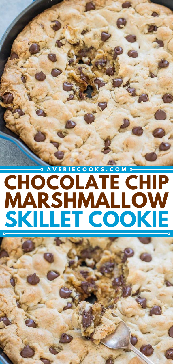 Cast Iron Skillet Chocolate Chip Cookie (with Marshmallows!) — Bigger is BETTER when it comes to cookies!! Soft center, chewy edges, loaded with gooey marshmallows and CHOCOLATE! Easy, no mixer recipe you must try!!