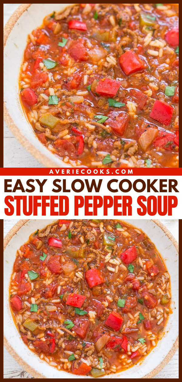 Slow Cooker Stuffed Pepper Soup — This stuffed pepper soup is packed with bell peppers, onion, and ground beef and is simmered in a tomatoey broth. Serve with rice for an easy weeknight meal!