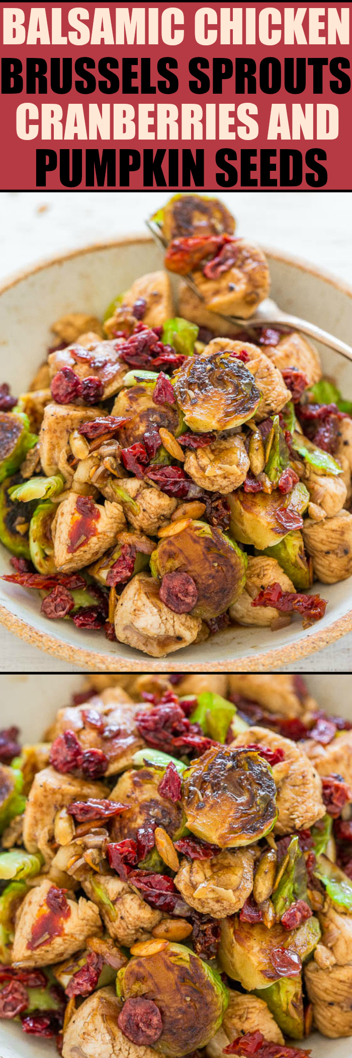 Cranberry Balsamic Chicken Skillet — EASY, hearty, HEALTHY, one-skillet dish that's ready in 20 minutes!! Juicy chicken, crisp-tender Brussels sprouts, chewy cranberries and crunchy pumpkin seeds!