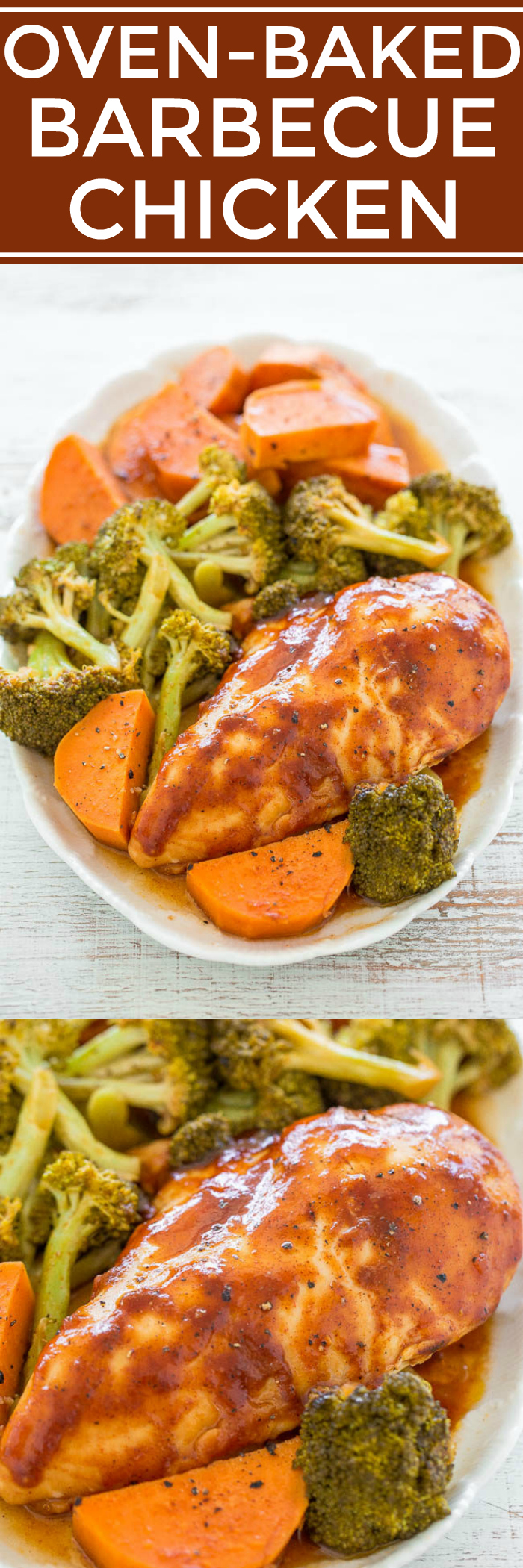 Oven-Baked Barbecue Chicken - Chicken, sweet potatoes, and broccoli all bake together for an EASY, healthy meal that's made in ONE pan in under ONE hour!! The chicken is so juicy and loaded with FLAVOR!!