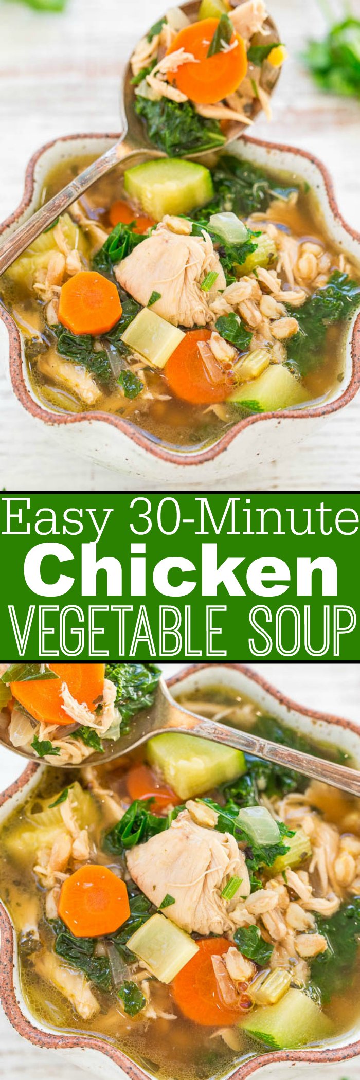 Easy 30-Minute Chicken Vegetable Soup - Extra veggies instead of noodles in this HEALTHY, easy chicken soup that's so FAST to make!! Hearty, filling, and satisfying! Perfect for weeknight dinners and chilly nights!!