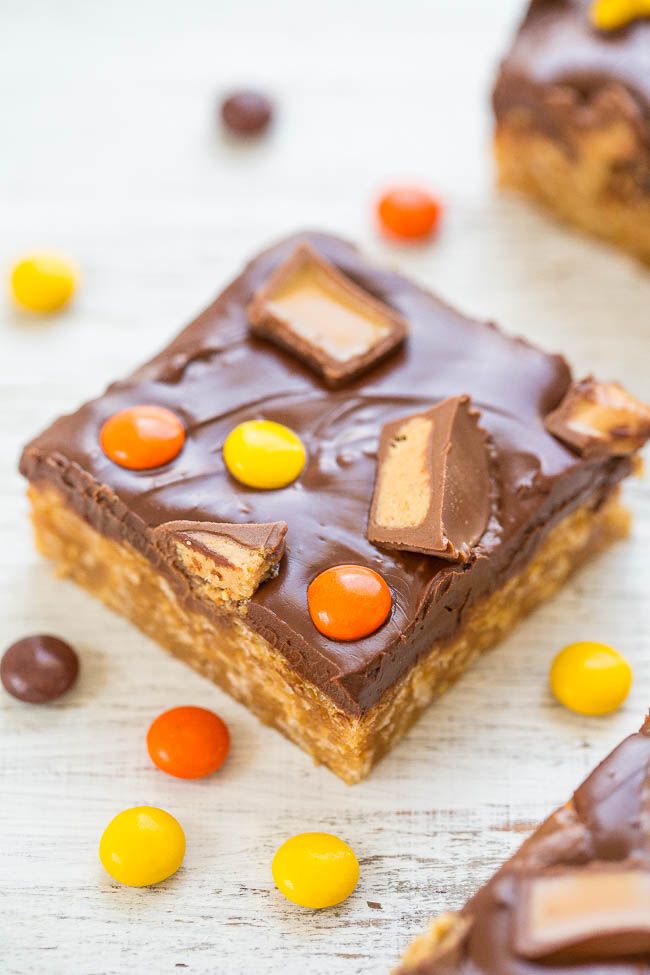 Chocolate Peanut Butter Candy Bar topped with Reese's pieces and mini reese's