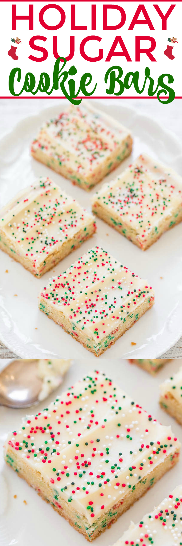 Holiday Sugar Cookie Bars with Cream Cheese Frosting - Sugar cookies in bar form with SPRINKLES baked in and on top!! So much faster than making cookies and a great holiday baking SHORTCUT!!
