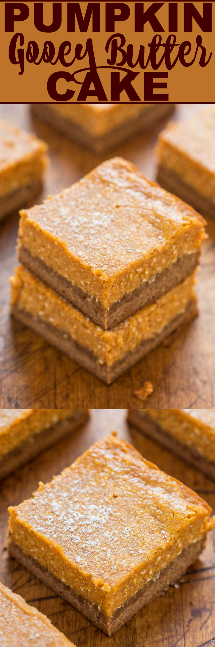 Pumpkin Gooey Butter Cake — Like a gooier, richer version of pumpkin pie with a spice cake crust!! Butter + cream cheese = lives up to its GOOEY name! Make it for Thanksgiving instead of pumpkin pie!!