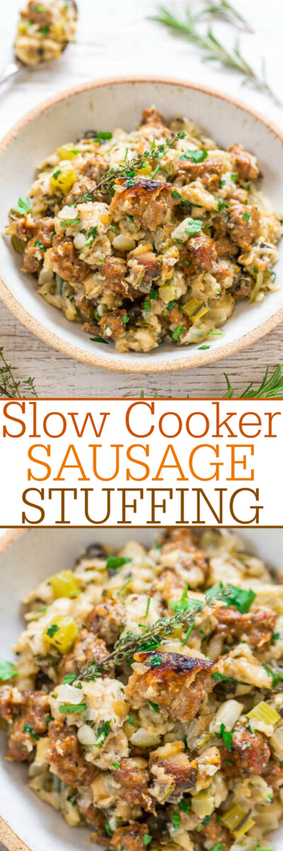 Best Ever Slow Cooker Sausage Stuffing - Averie Cooks