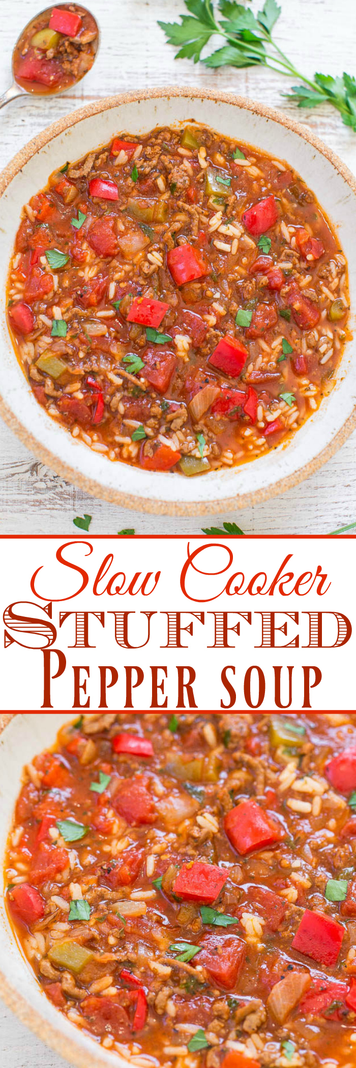 Slow Cooker Stuffed Pepper Soup - Stuffed peppers in HEARTY soup form and made in your SLOW COOKER!! Peppers, onions, ground beef, tomatoes, and rice in this EASY comfort food recipe!!