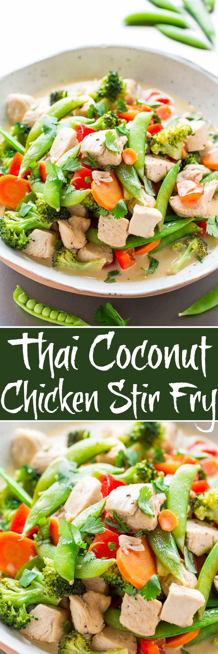 Thai Chicken Stir Fry — Chicken, sugar snap peas, bell peppers, and carrots simmered in a rich coconut milk broth that's irresistible!! Layers of flavor, EASY, ready in 20 MINUTES, and HEALTHY!!
