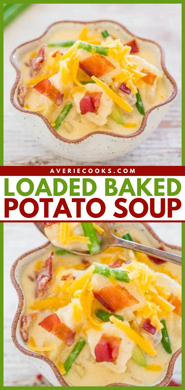 Loaded Baked Potato Soup — In this loaded baked potato soup, potatoes are baked until tender before being simmered with garlic, milk, cheese, sour cream, bacon, and green onions.
