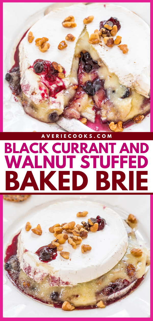 Black Currant and Walnut Stuffed Baked Brie Appetizer — Gooey, AMAZING, salty-and-sweet!! Stuffed with jam, topped with walnuts, and so EASY! Perfect for holiday entertaining and parties!!