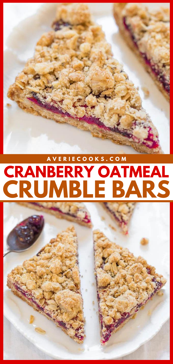 Cranberry Oatmeal Bars — Fast, easy, no mixer bars with juicy cranberries and big crumbles!! Perfect for breakfast, snacks, or dessert! Soft, chewy, hearty, and so good!!