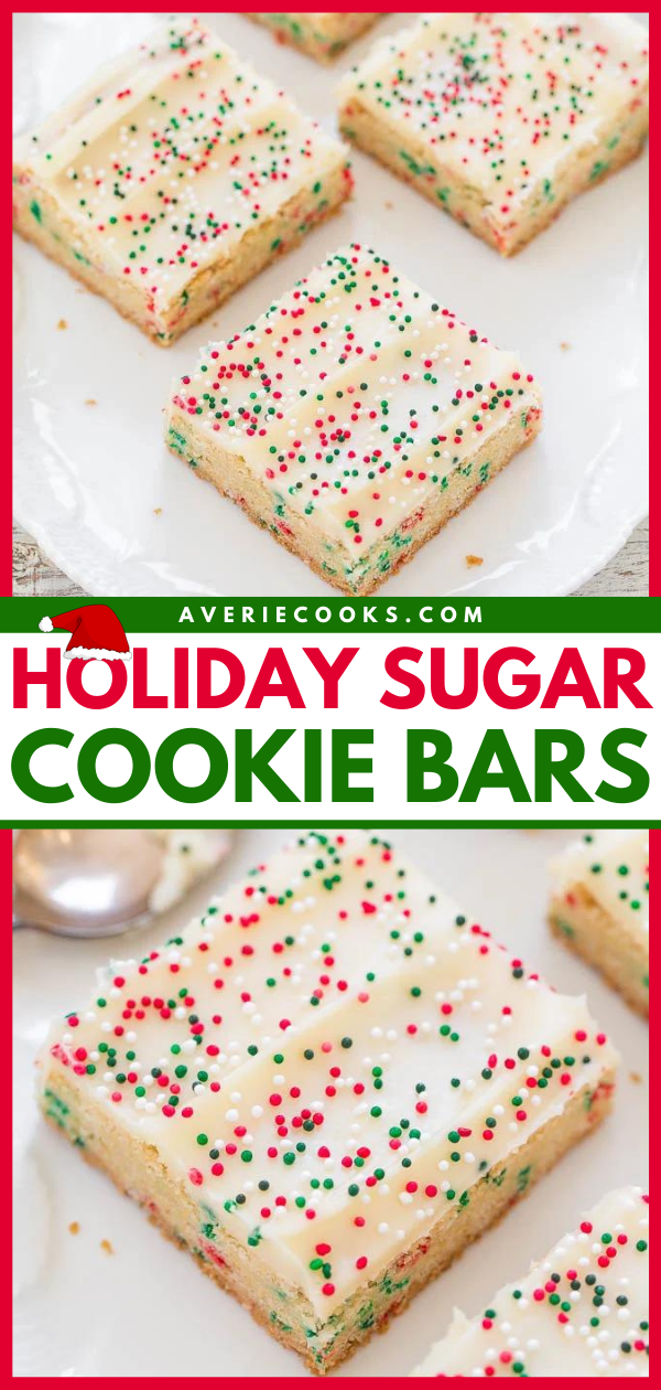 Holiday Sugar Cookie Bars with Cream Cheese Frosting — Sugar cookies in bar form with SPRINKLES baked in and on top!! So much faster than making cookies and a great holiday baking SHORTCUT!!