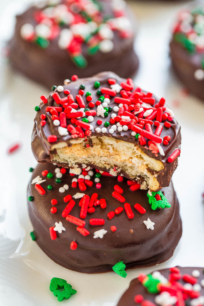 A stack of Chocolate Peanut Butter Stacks  decorated with holiday sprinkles