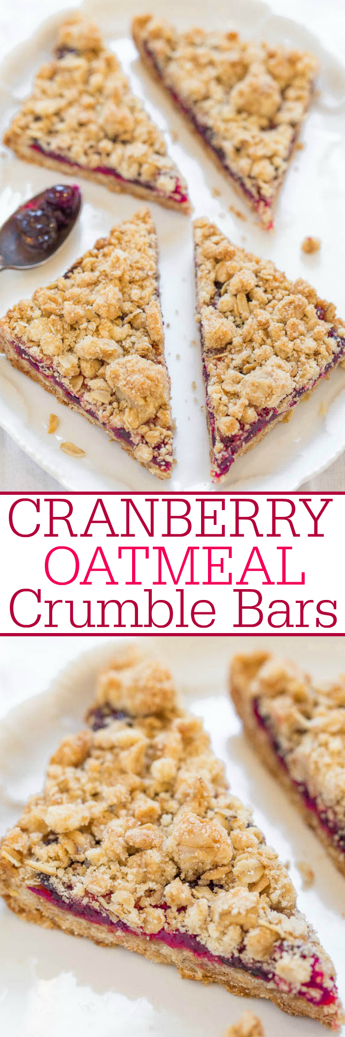 Cranberry Oatmeal Crumble Bars - Fast, easy, no mixer bars with juicy cranberries and big crumbles!! Perfect for breakfast, snacks, or dessert! Soft, chewy, hearty, and so good!!