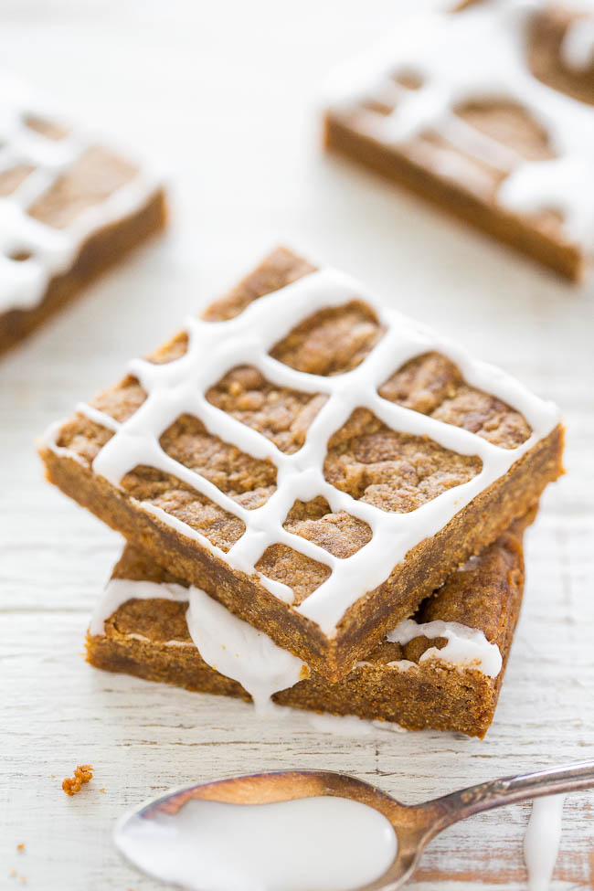 Iced Gingerbread Bars - Soft, chewy bars that are full of rich gingery molasses flavor!! Wayyyy faster and easier than rolling out gingerbread cookies! No mixer, no fuss, and the sweet icing seals the deal!!